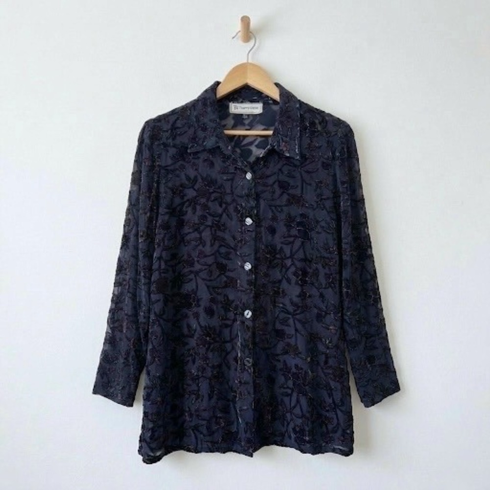 Vintage Silk Blend Burnout Velvet Floral Blouse Navy Purple 6 Whimsy Goth Witchy